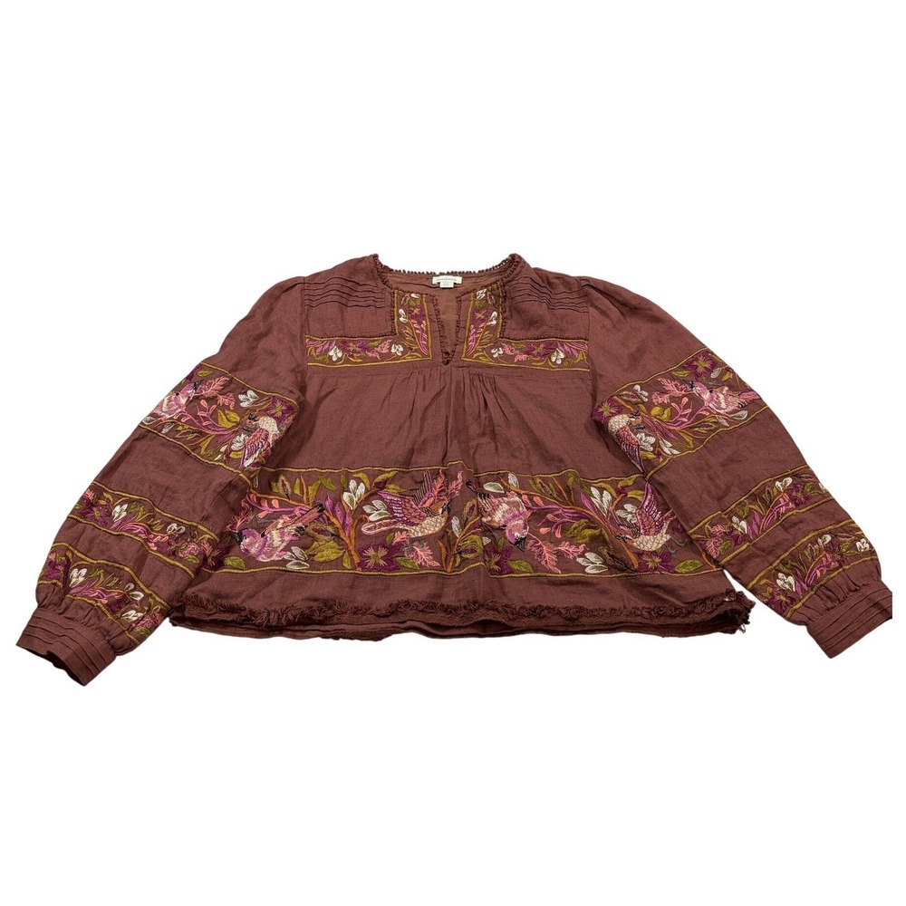 Sundance Brown Embroidered Linen Bird Floral Peasant Blouse PM Boho Fringe Top - Picture 4 of 11